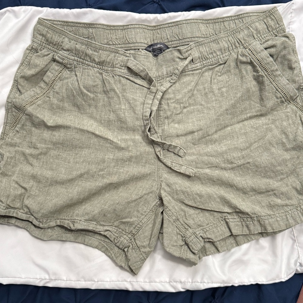 Eddie Bauer Linen Shorts Size XL Olive Sage Elastic Waist Drawstring
